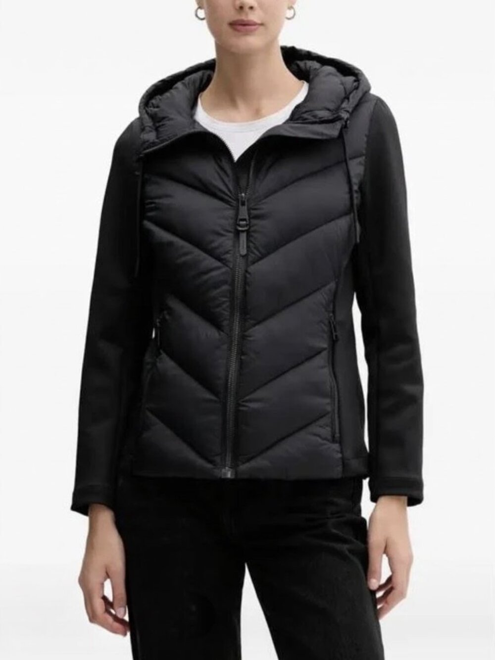 DKNY Hooded Chevron Quilted Jacket Black Woman's Stretch Sleeves Size M NWOT